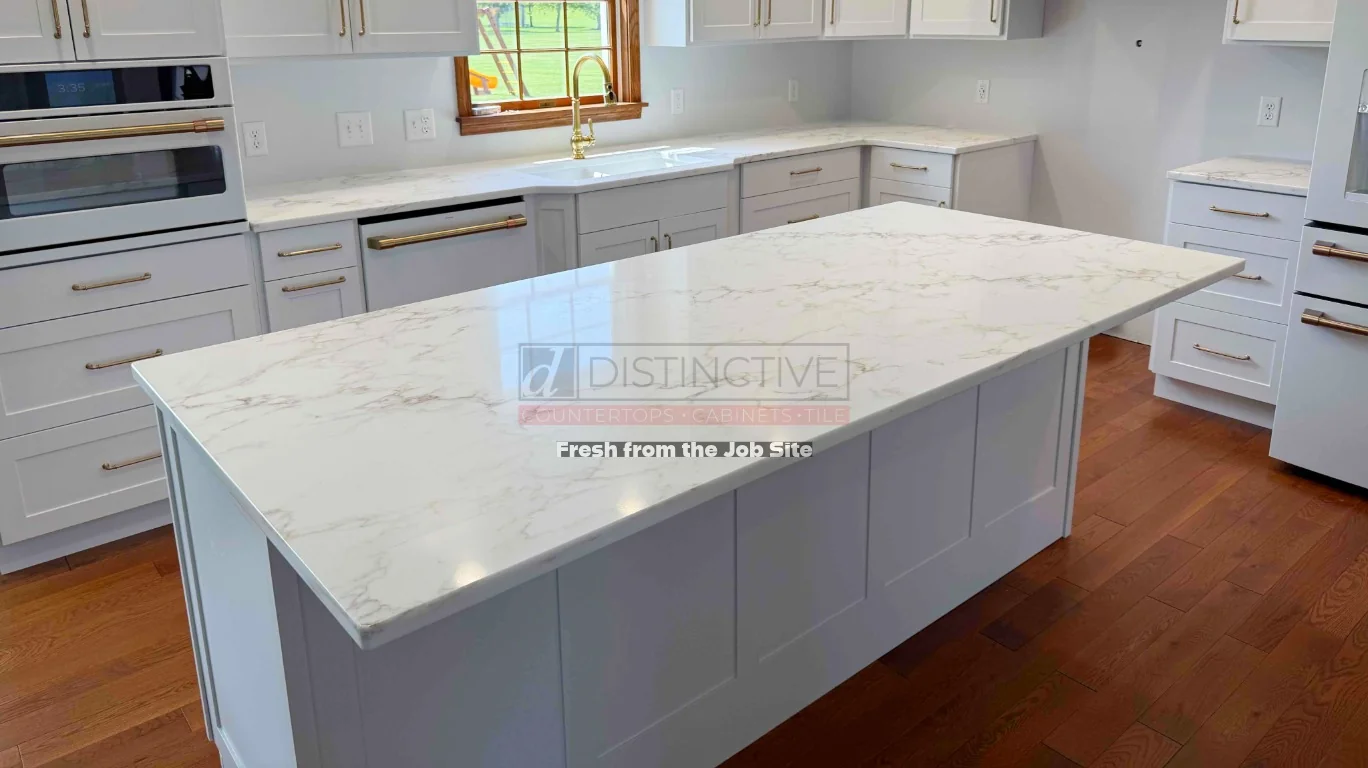 Full MSI Calacatta Cinela quartz slab under showroom lighting