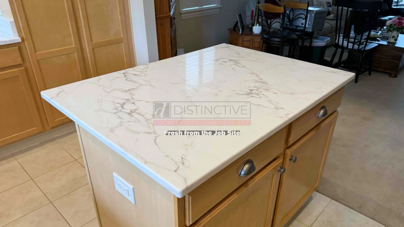 MSI Calacatta Cinela quartz countertop installed in a warm-toned kitchen
