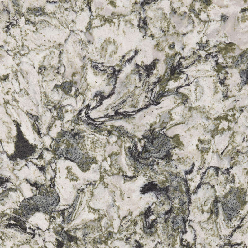 Cambria Sherwood quartz countertop sample with green and gold veining