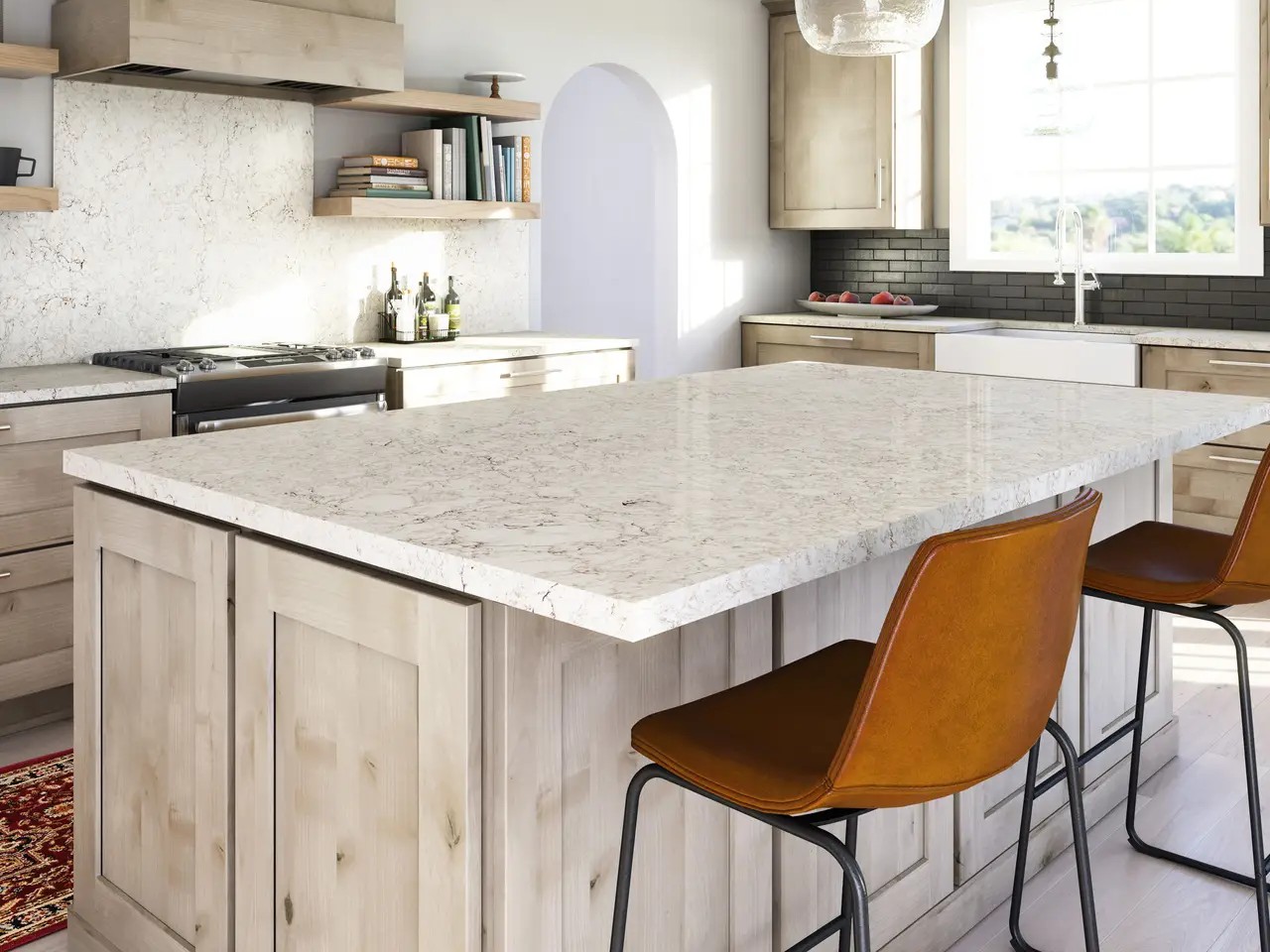 Cambria quartz countertop installation in a Columbus Ohio kitchen with white shaker cabinets