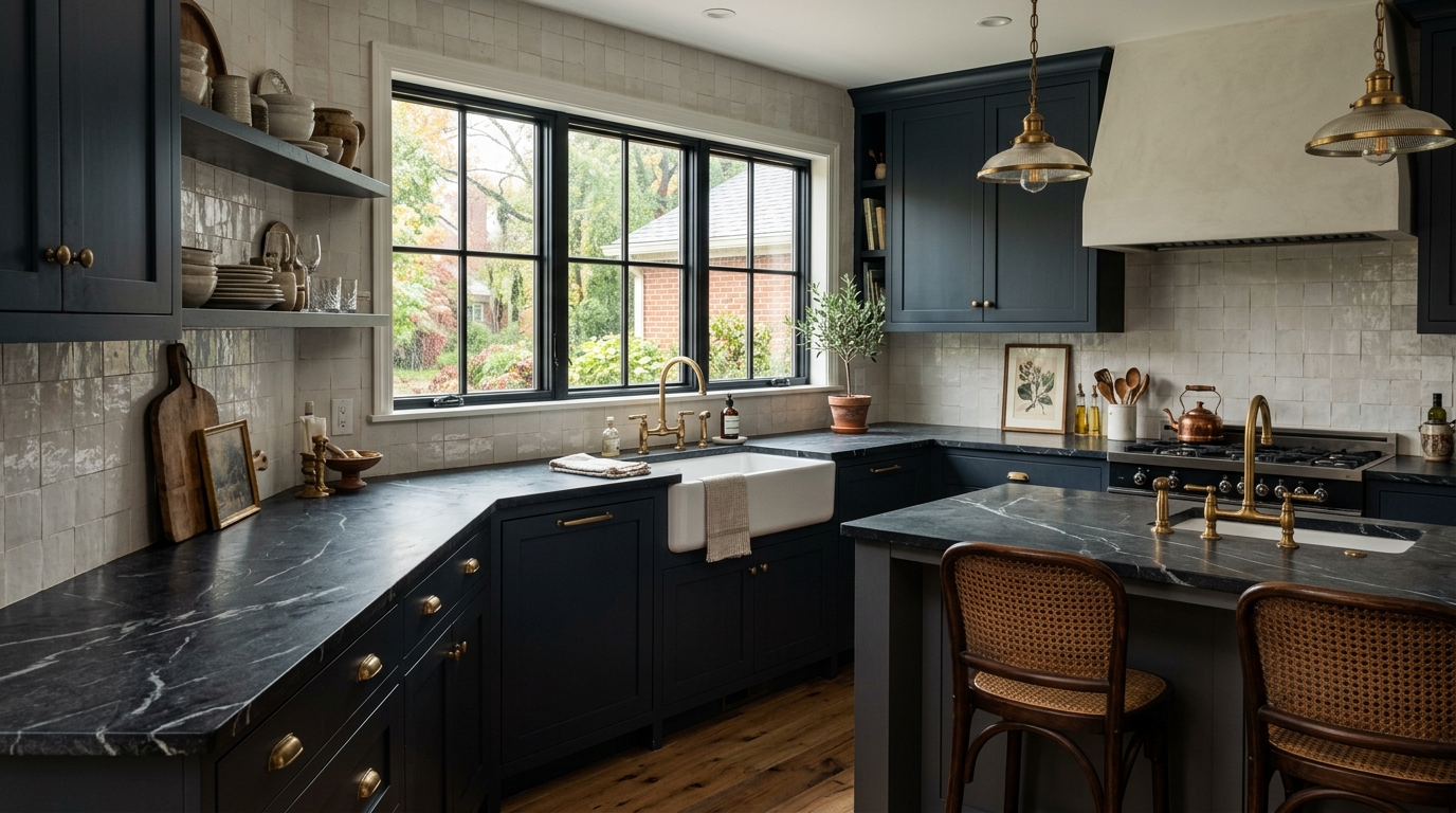 A beautiful, moody modern farmhouse kitchen in Columbus featuring dark charcoal soapstone countertops with subtle white veining